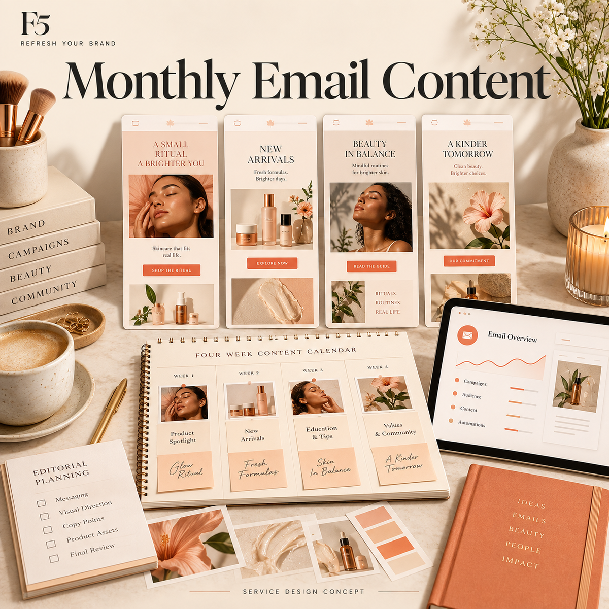 Monthly Email Content — four campaign concepts and a content calendar