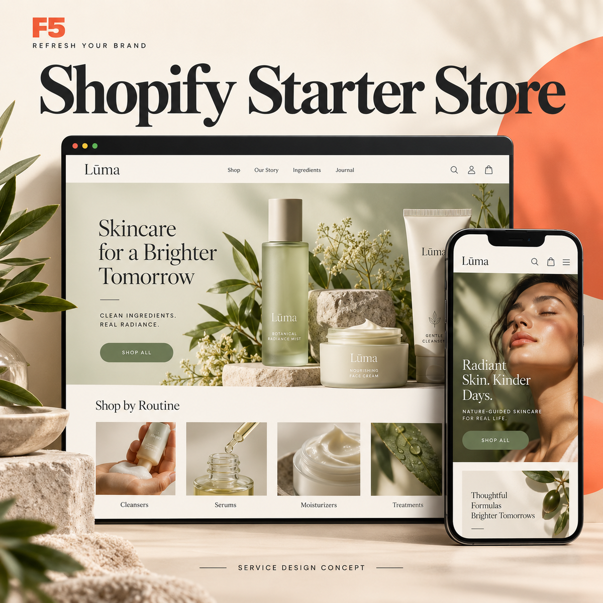 Shopify Starter Store — illustrative desktop and mobile beauty storefront